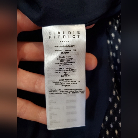 Claudie Pierlot Paris "Ruffled Shirt Dress". Textured. Navy Blue & White. 4 US. - Picture 8 of 15